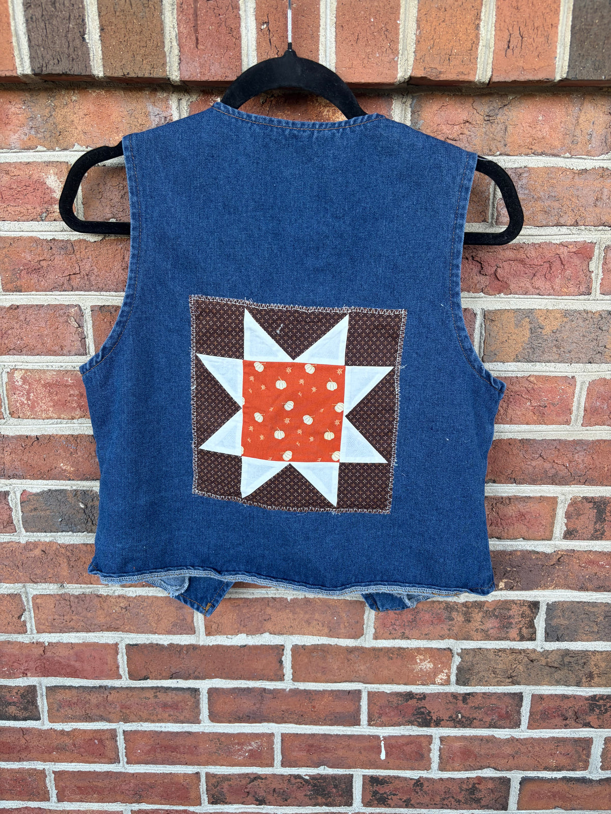 Pumpkin Quilt Block Upcycled Denim Vest